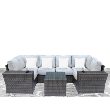 9 - Piece Outdoor Wicker Patio Set With Cushions - Driftwood - Omega Lifestyles