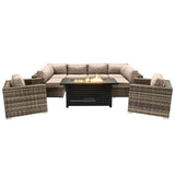 9 - Piece Outdoor Wicker Sectional Set With Fire Pit Table - Driftwood - Omega Lifestyles