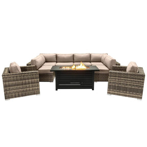 9-Piece Outdoor Wicker Sectional Set With Fire Pit Table - Omega Lifestyles