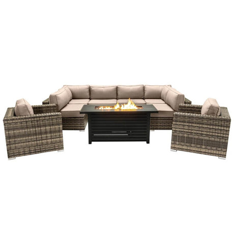9 - Piece Outdoor Wicker Sectional Set With Fire Pit Table - Driftwood - Omega Lifestyles