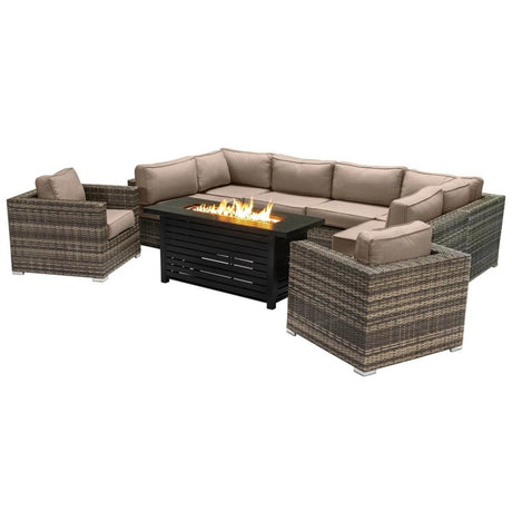 9 - Piece Outdoor Wicker Sectional Set With Fire Pit Table - Driftwood - Omega Lifestyles