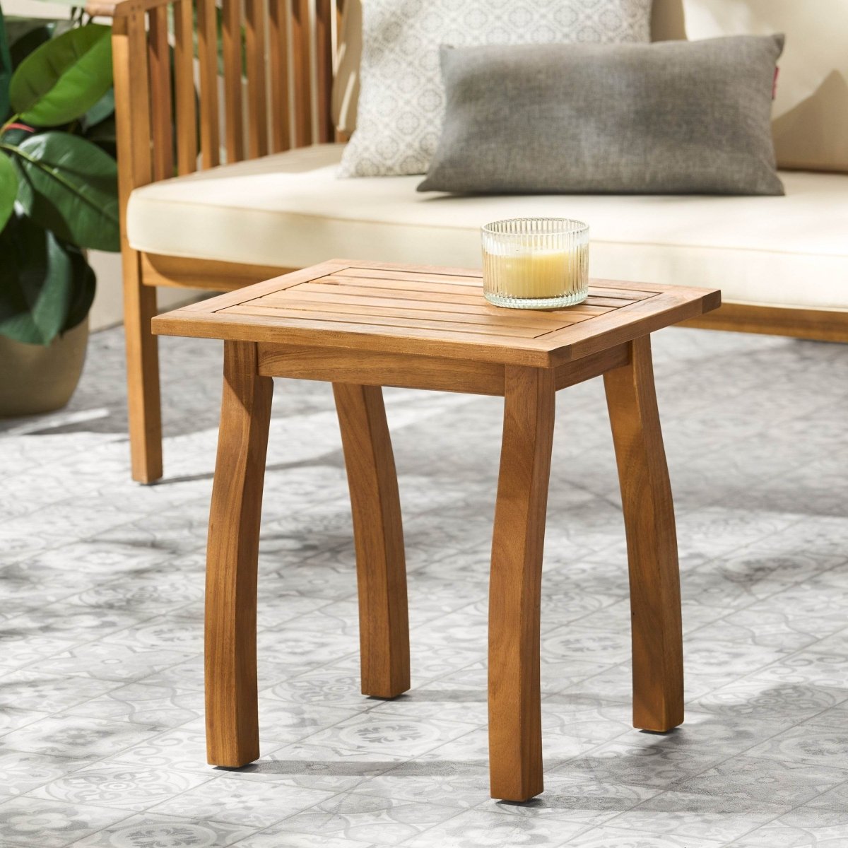 Acacia Wood Teak Outdoor Slatted Side Table - Driftwood - Omega Lifestyles
