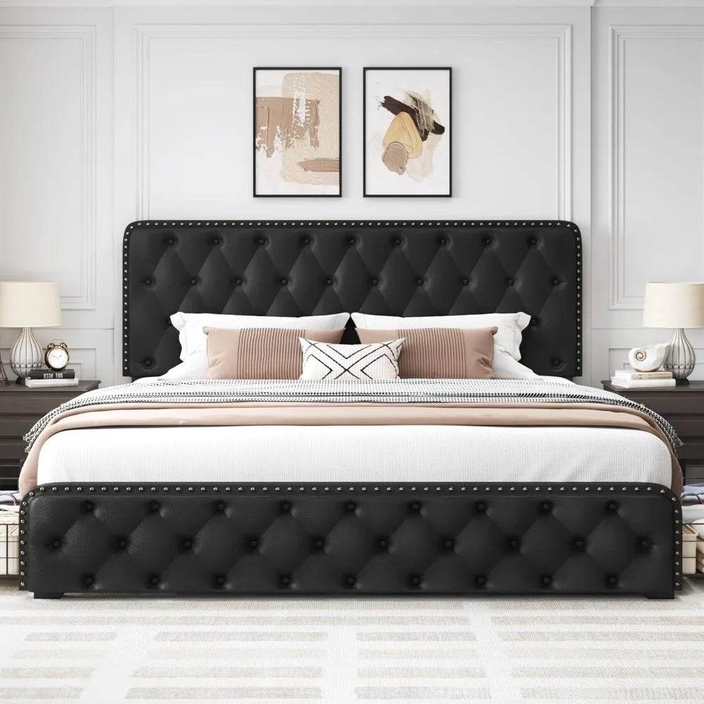 Adjustable Faux Leather Upholstered Metal Bed Frame With Storage - Omega Lifestyles