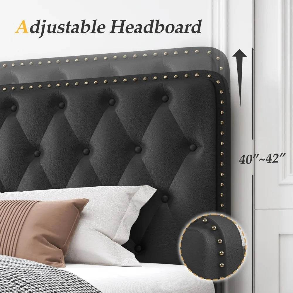 Adjustable Faux Leather Upholstered Metal Bed Frame With Storage - Omega Lifestyles