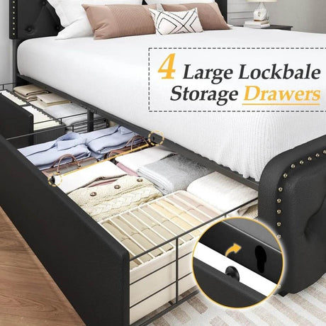 Adjustable Faux Leather Upholstered Metal Bed Frame With Storage - Omega Lifestyles