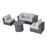 All - Weather 5 - Piece Rattan Sectional Lounge Set With Fire Pit - Driftwood - Omega Lifestyles