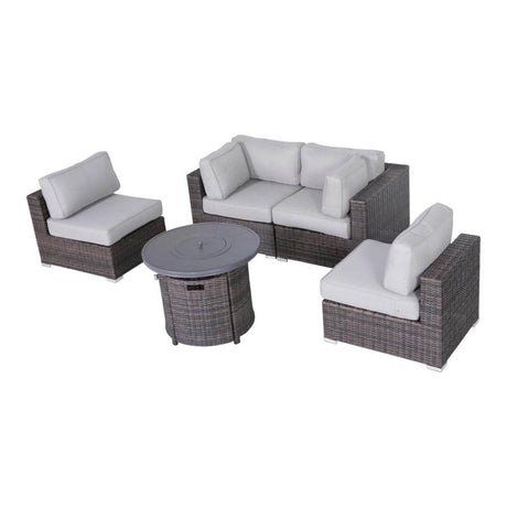 All - Weather 5 - Piece Rattan Sectional Lounge Set With Fire Pit - Driftwood - Omega Lifestyles
