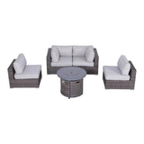 All - Weather 5 - Piece Rattan Sectional Lounge Set With Fire Pit - Driftwood - Omega Lifestyles
