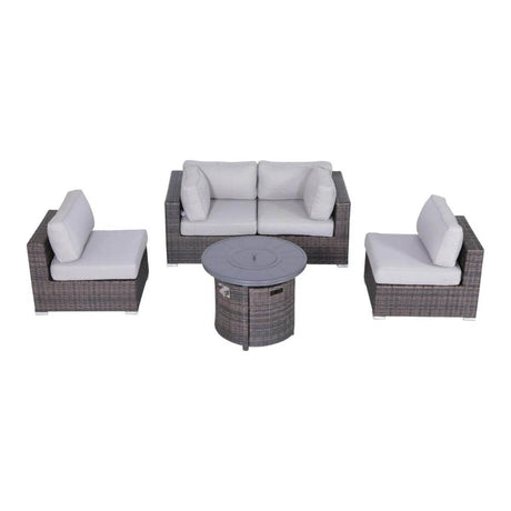 All - Weather 5 - Piece Rattan Sectional Lounge Set With Fire Pit - Driftwood - Omega Lifestyles