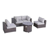All - Weather 5 - Piece Rattan Sectional Lounge Set With Fire Pit - Driftwood - Omega Lifestyles