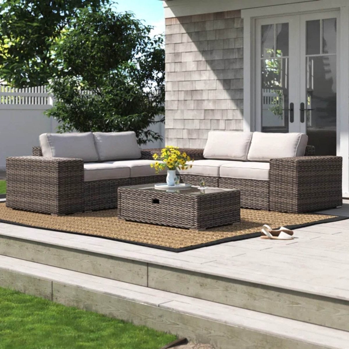 All - Weather Espresso Wicker Outdoor Sectional Sofa Set - Driftwood - Omega Lifestyles