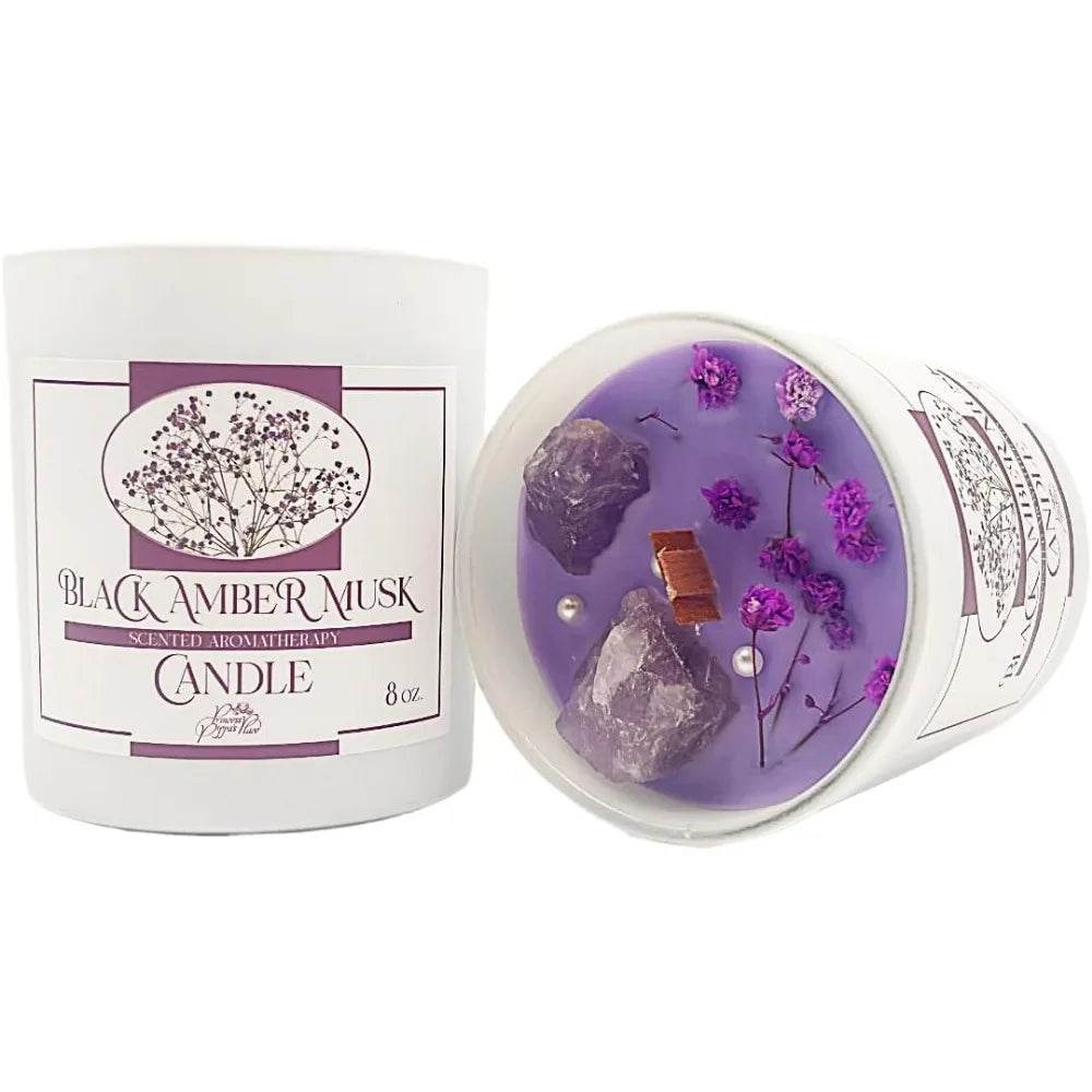 Amber Scented Soy Wax Candle With Healing Crystals - Omega Lifestyles