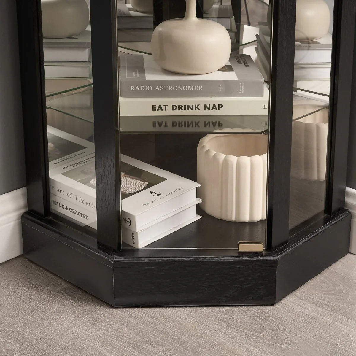 Antique Black Glass Corner Curio Cabinet With Lighting - Omega Lifestyles
