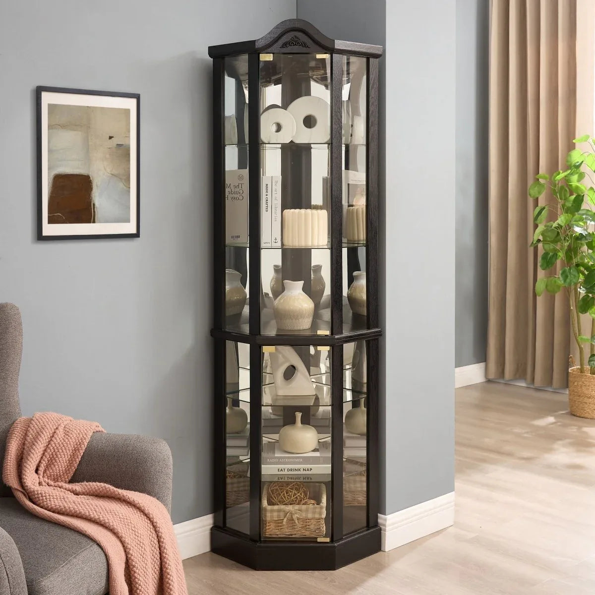 Antique Black Glass Corner Curio Cabinet With Lighting - Omega Lifestyles