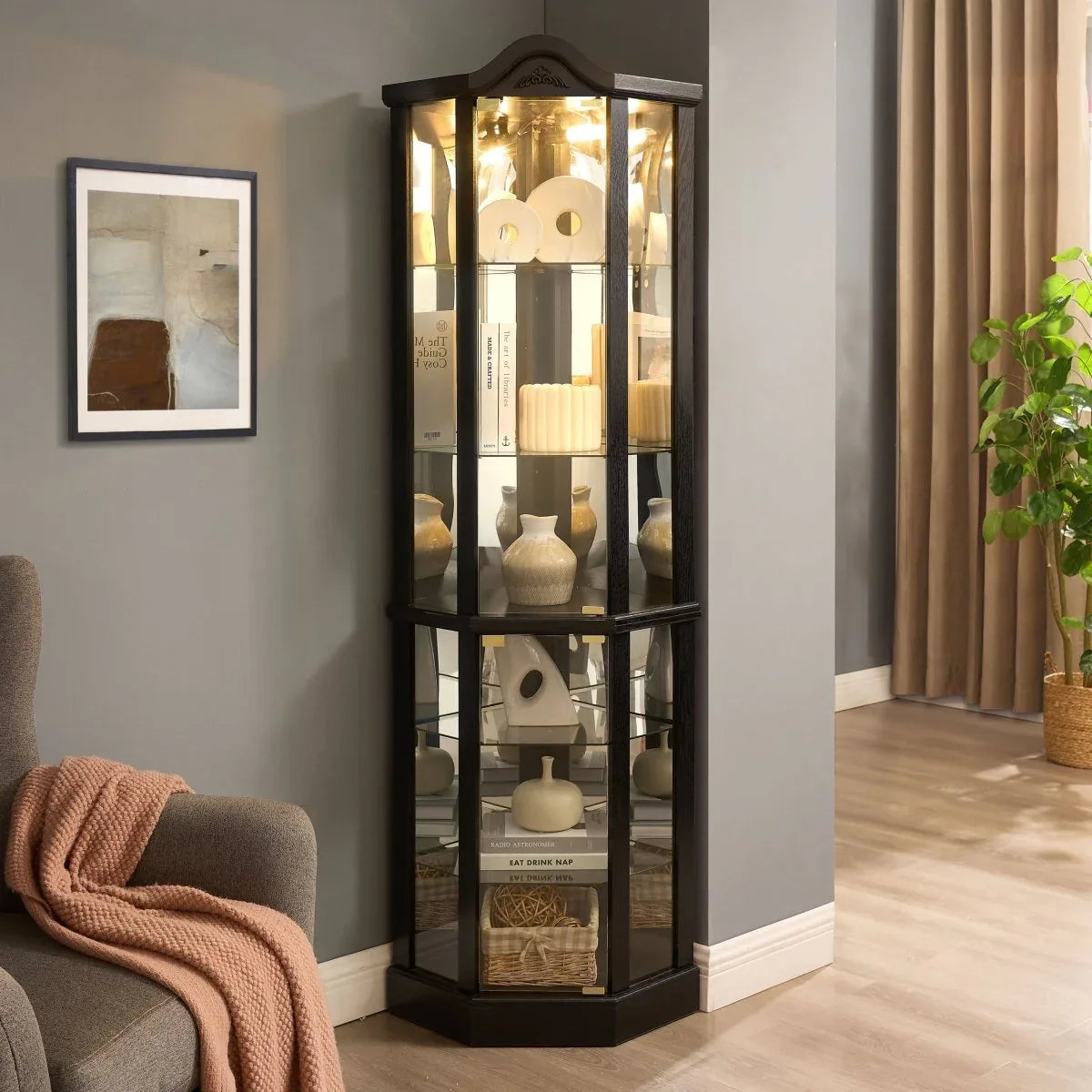 Antique Black Glass Corner Curio Cabinet With Lighting - Omega Lifestyles