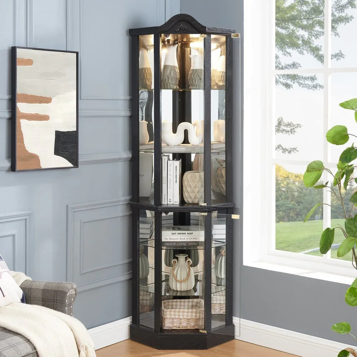 Antique Black Glass Corner Curio Cabinet With Lighting - Omega Lifestyles