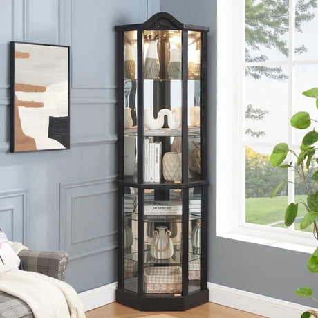 Antique Black Glass Corner Curio Cabinet With Lighting - Omega Lifestyles