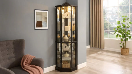 Antique Black Glass Corner Curio Cabinet With Lighting - Omega Lifestyles