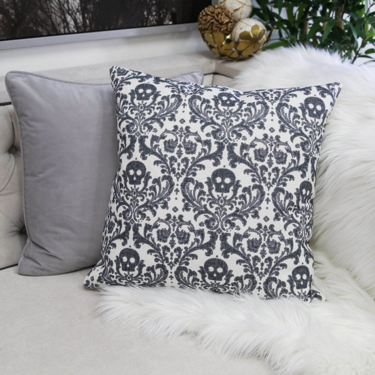 Baroque Skull 20x20 Inch Polyester Throw Pillow - Driftwood - Omega Lifestyles