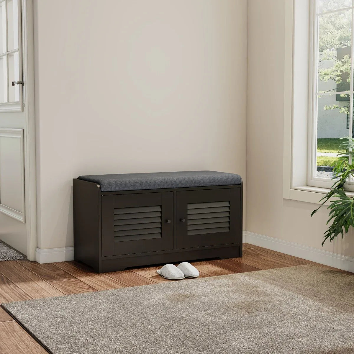 Black Shoe Storage Bench With Cushion And Adjustable Shelves - Omega Lifestyles