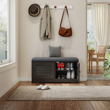 Black Shoe Storage Bench With Cushion And Adjustable Shelves - Omega Lifestyles