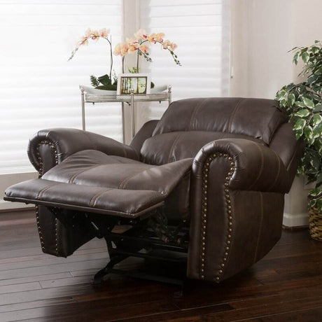 Brown Faux Leather Manual Glider Wide Recliner Chair - Driftwood - Omega Lifestyles