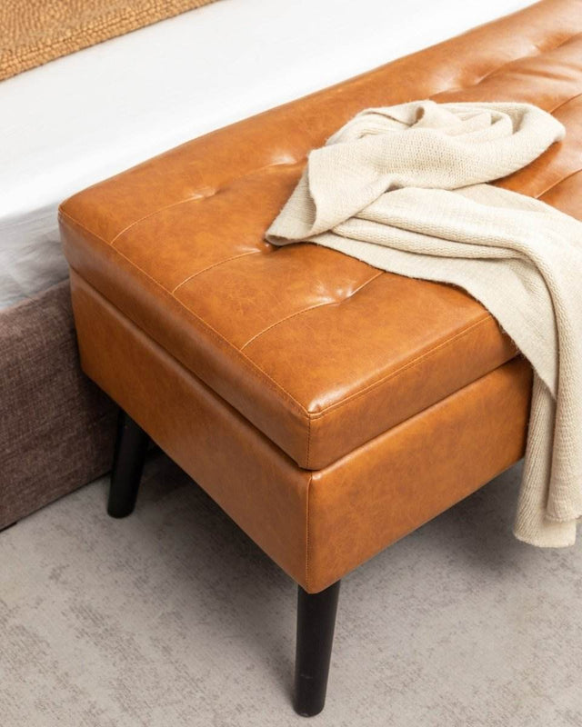 Brown PU Leather Storage Ottoman Bench With Storage - Omega Lifestyles