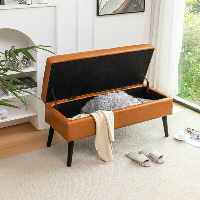 Brown PU Leather Storage Ottoman Bench With Storage - Omega Lifestyles