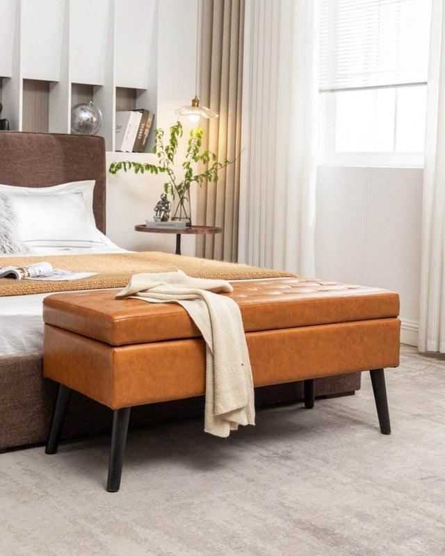 Brown PU Leather Storage Ottoman Bench With Storage - Omega Lifestyles