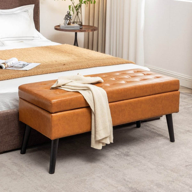 Brown PU Leather Storage Ottoman Bench With Storage - Omega Lifestyles