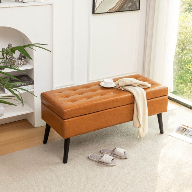 Brown PU Leather Storage Ottoman Bench With Storage - Omega Lifestyles