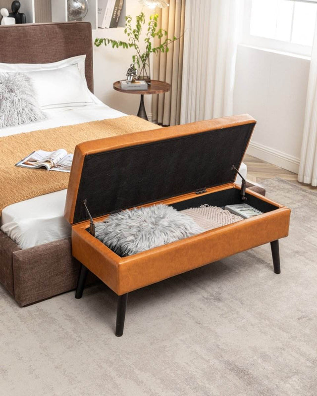 Brown PU Leather Storage Ottoman Bench With Storage - Omega Lifestyles
