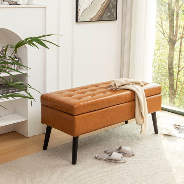 Brown PU Leather Storage Ottoman Bench With Storage - Omega Lifestyles