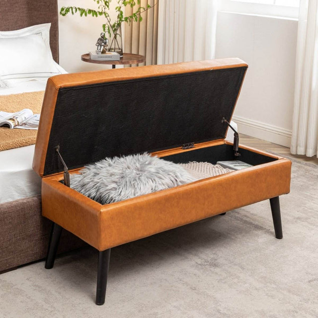 Brown PU Leather Storage Ottoman Bench With Storage - Omega Lifestyles