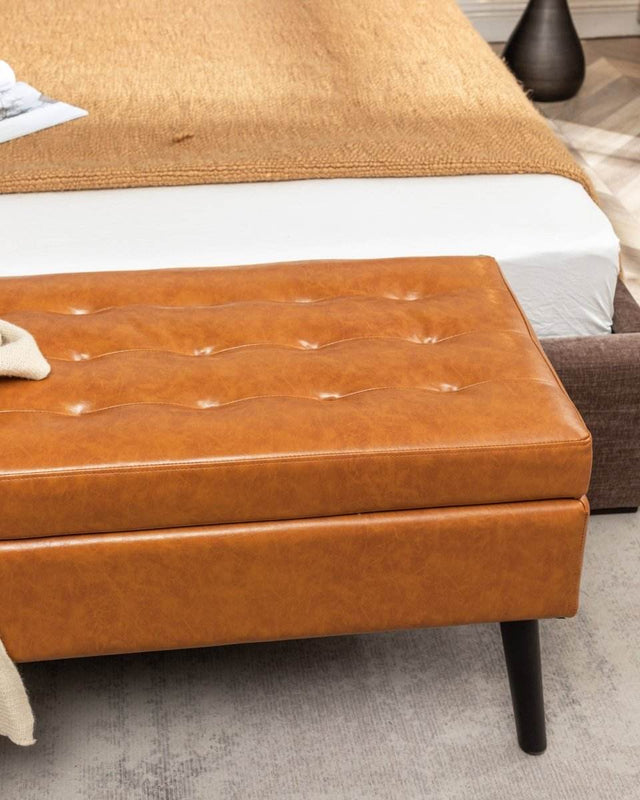 Brown PU Leather Storage Ottoman Bench With Storage - Omega Lifestyles