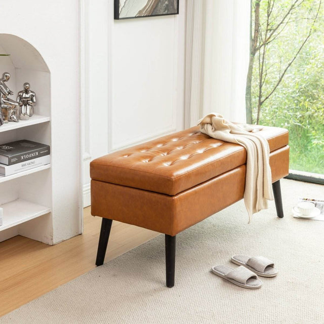 Brown PU Leather Storage Ottoman Bench With Storage - Omega Lifestyles