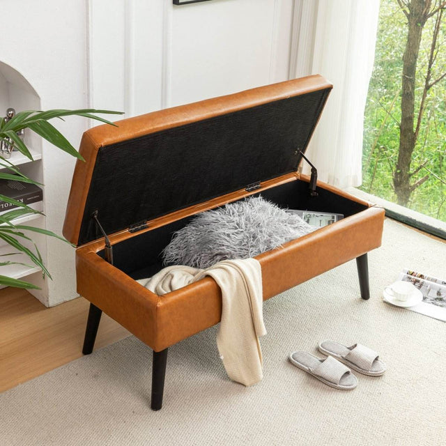 Brown PU Leather Storage Ottoman Bench With Storage - Omega Lifestyles