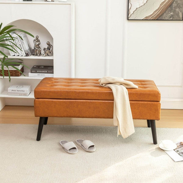 Brown PU Leather Storage Ottoman Bench With Storage - Omega Lifestyles