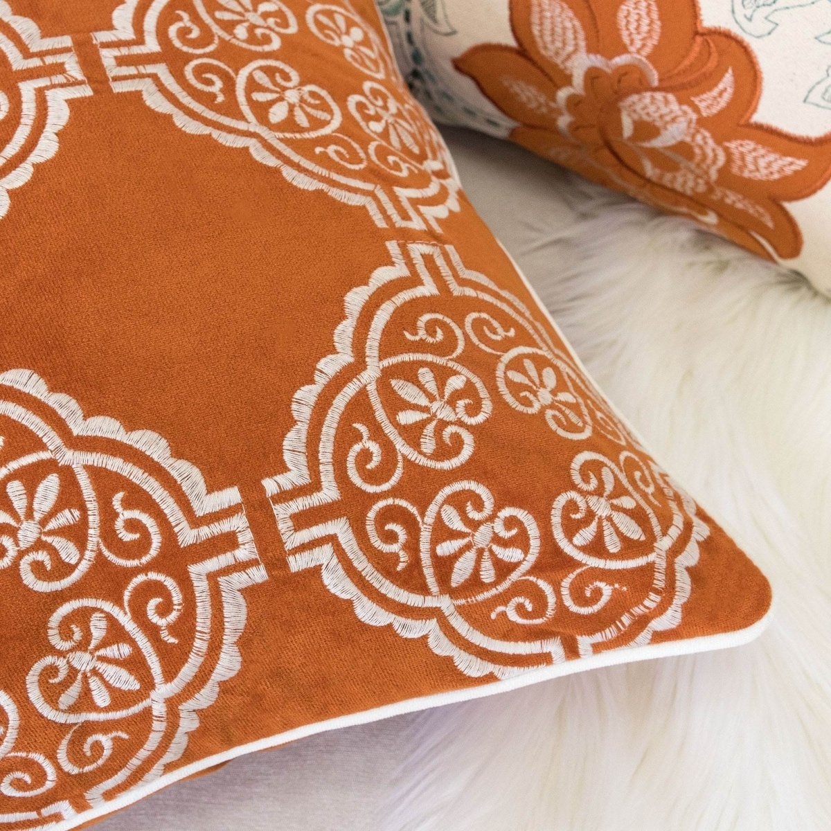 Burnt Orange Damask Embroidered 20x20 Inch Throw Pillow - Driftwood - Omega Lifestyles