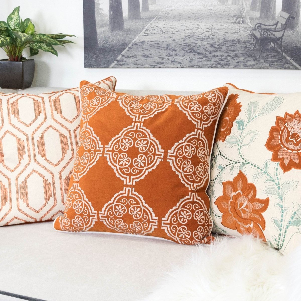 Burnt Orange Damask Embroidered 20x20 Inch Throw Pillow - Driftwood - Omega Lifestyles