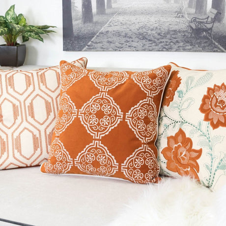 Burnt Orange Damask Embroidered 20x20 Inch Throw Pillow - Driftwood - Omega Lifestyles