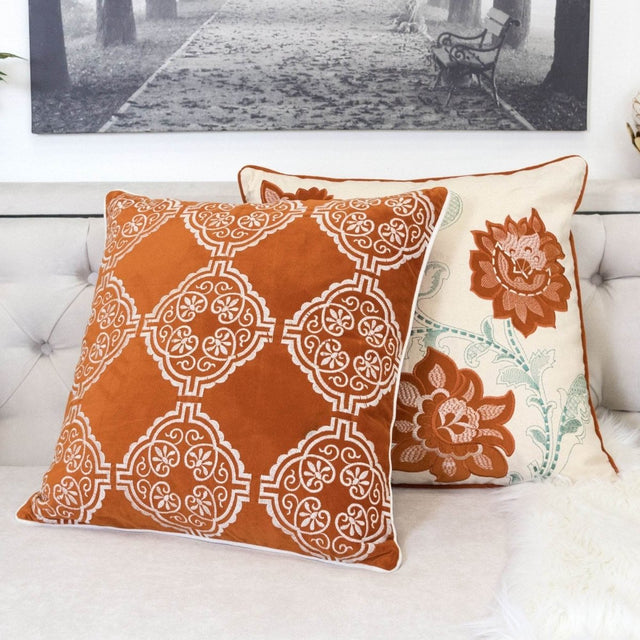 Burnt Orange Damask Embroidered 20x20 Inch Throw Pillow - Omega Lifestyles