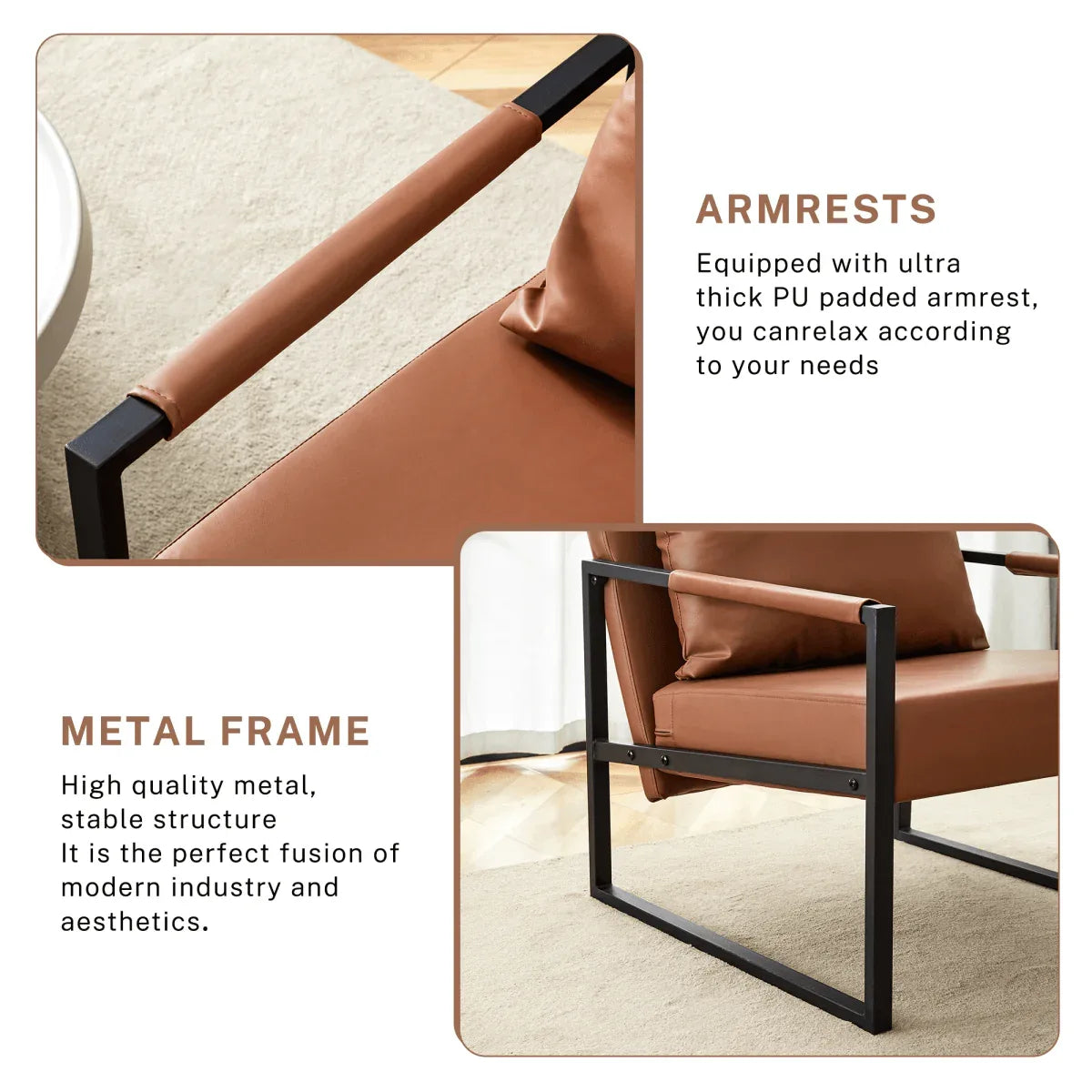 Classic Brown PU Leather Metal Frame Ergonomic Chair - Omega Lifestyles