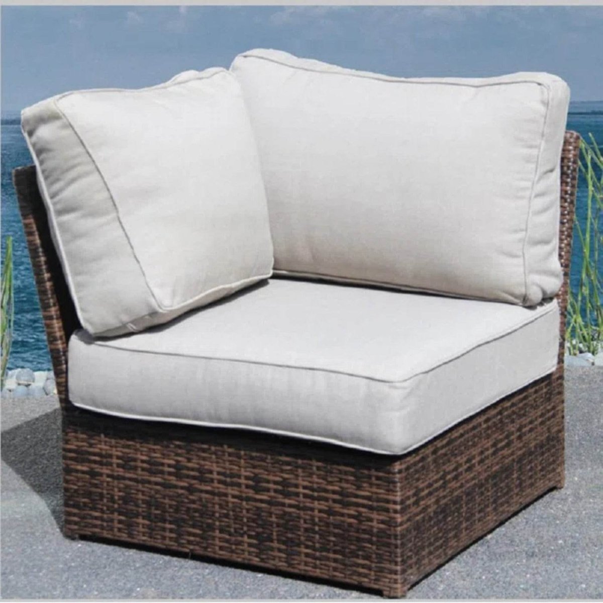 Coastal Wicker Corner Patio Chair With Cushions - Driftwood - Omega Lifestyles