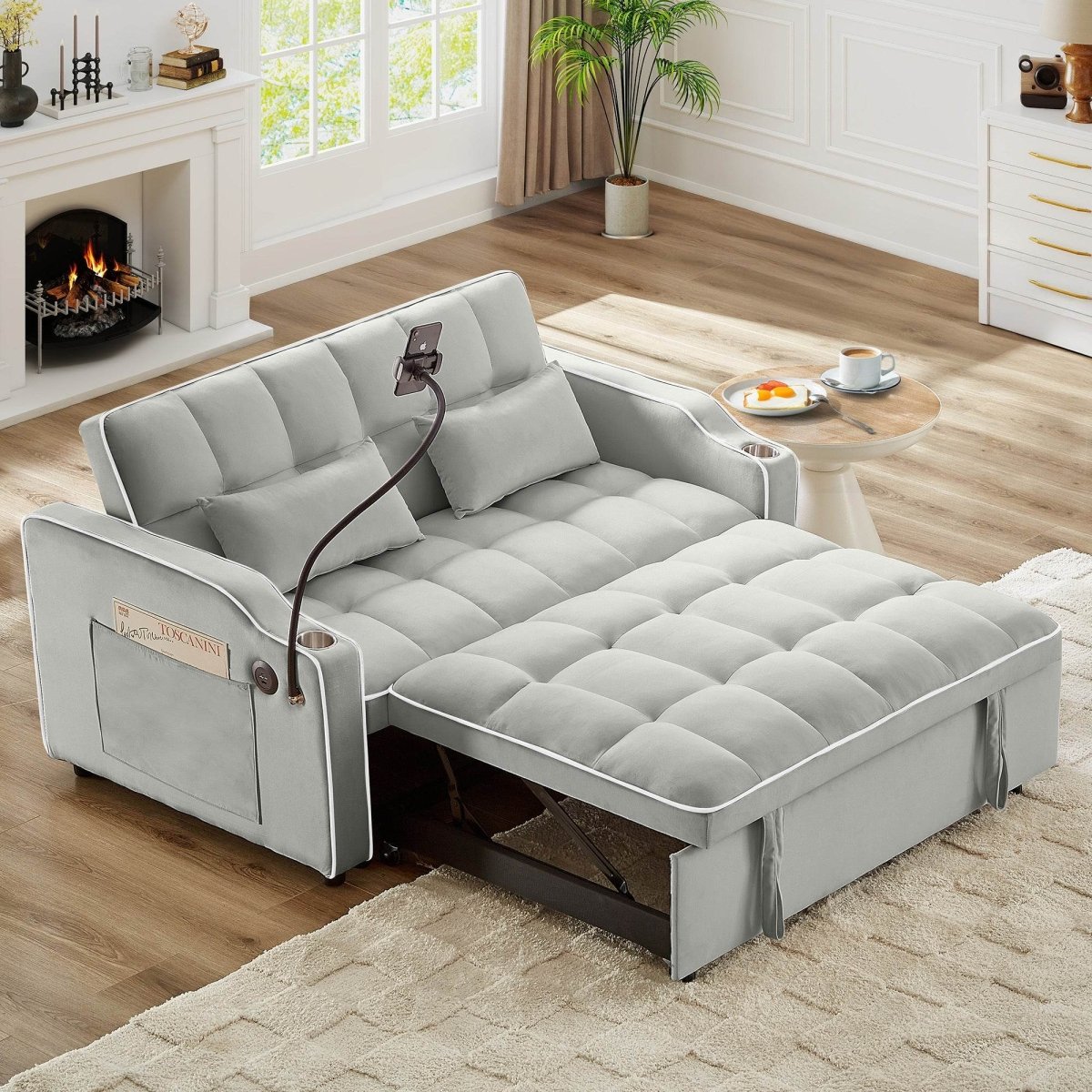 Convertible Velvet Sleeper Sofa Bed With Adjustable Backrest - Driftwood - Omega Lifestyles