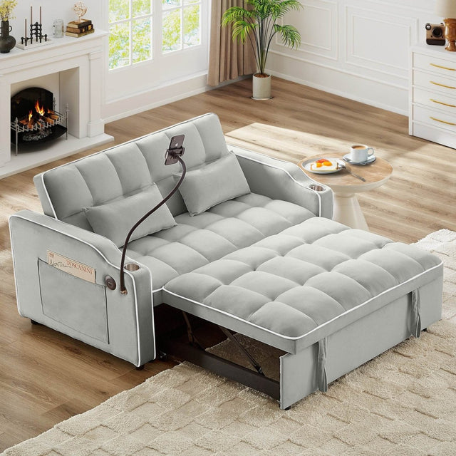 Convertible Velvet Sleeper Sofa Bed With Adjustable Backrest - Driftwood - Omega Lifestyles