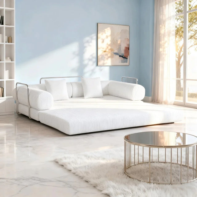 Cream Upholstered Folding Sofa Bed With Pillows - Omega Lifestyles