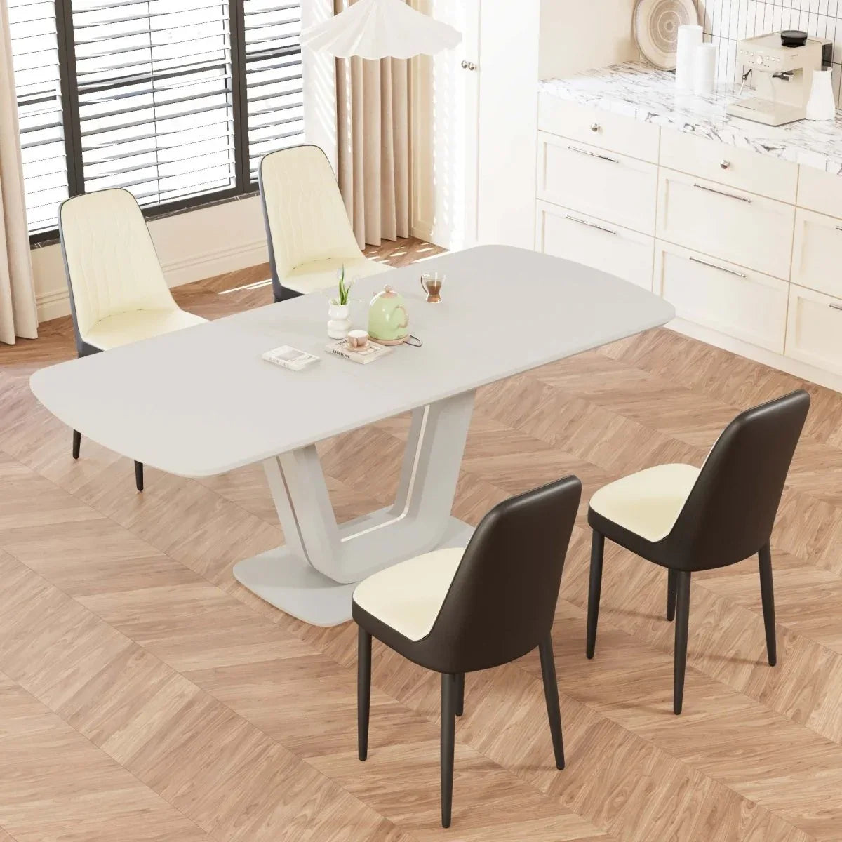 Expandable MDF Dining Table And 4 PU Fabric Padded Chairs Set - Omega Lifestyles