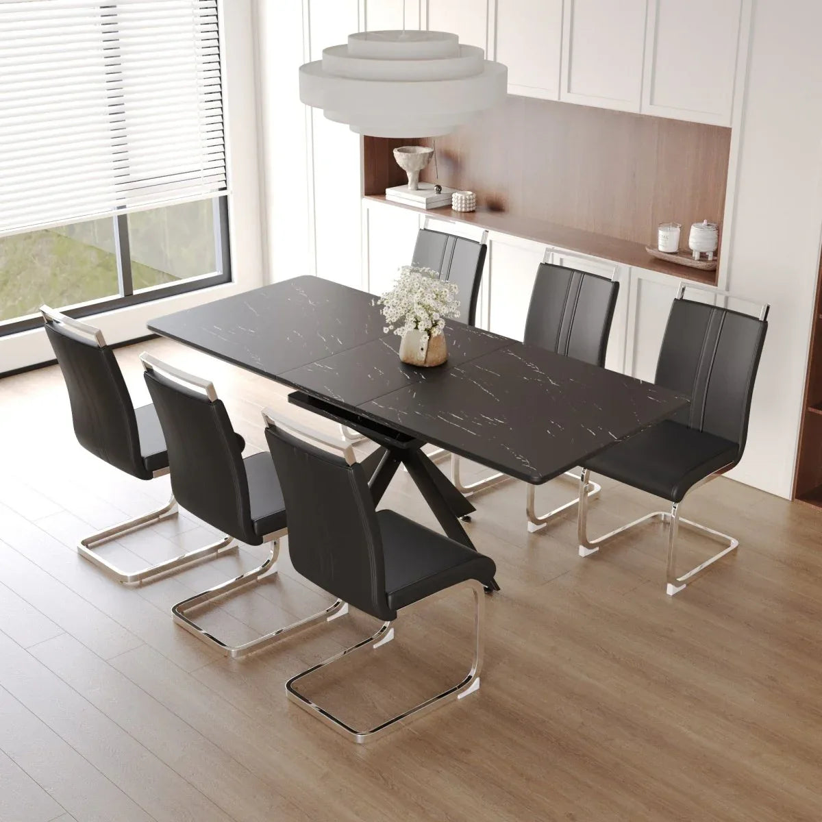 Expandable MDF Dining Table Set With Six Cushioned Chairs - Omega Lifestyles