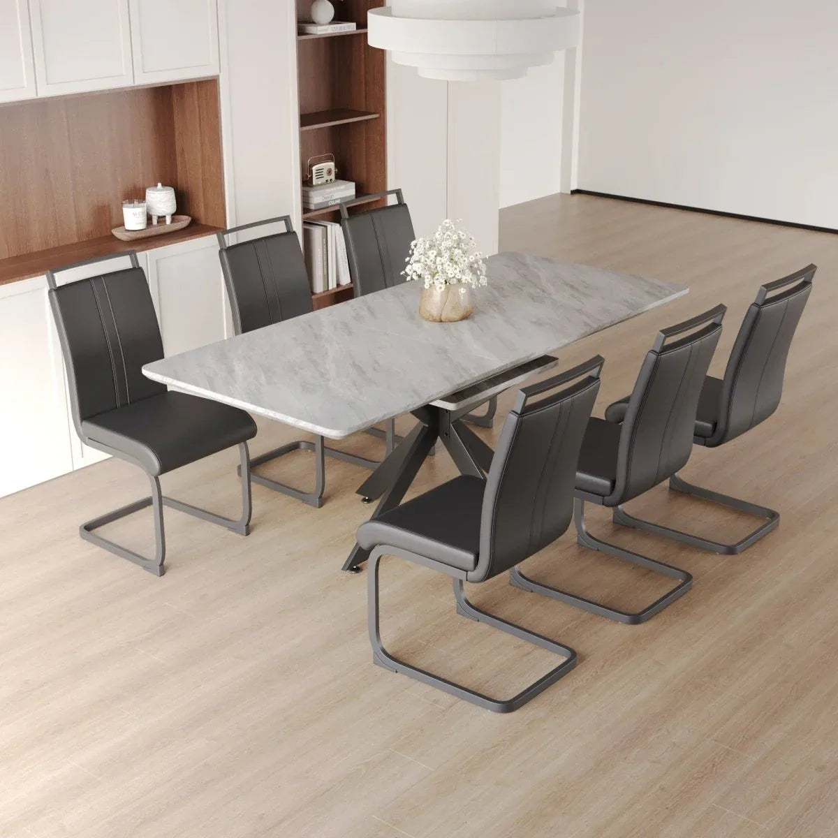 Expandable MDF Dining Table With 6 Cushioned Chairs Set - Omega Lifestyles
